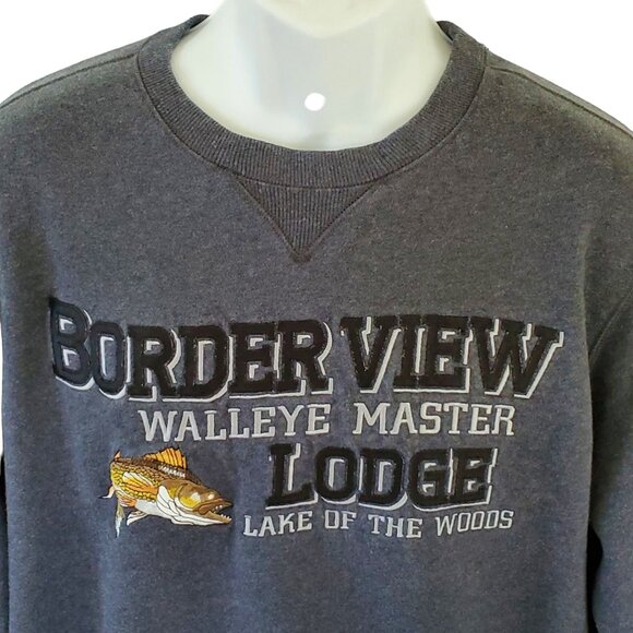 Border View Lodge Sweatshirt Large Grey Embroidered Walleye Fish Destination - Picture 7 of 9